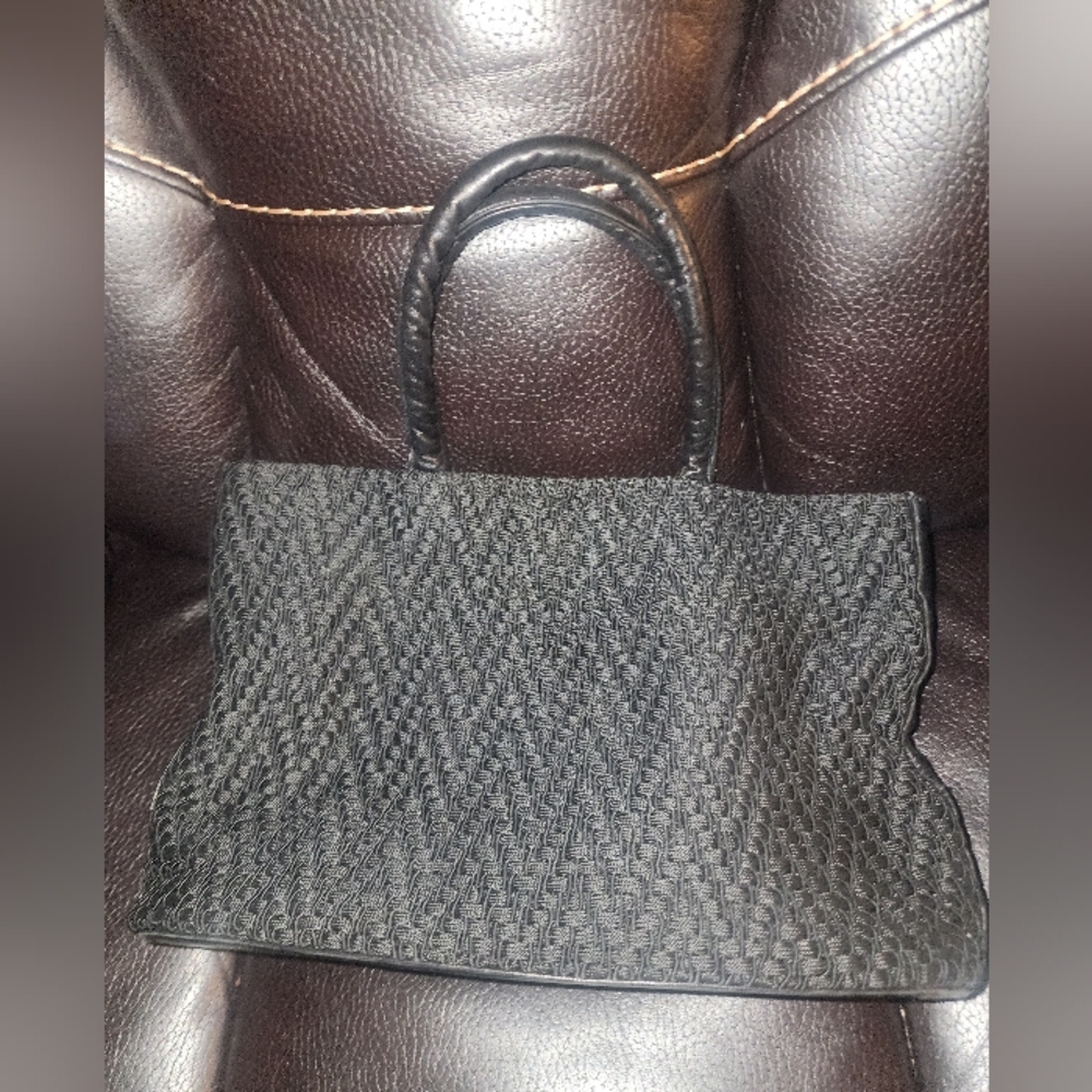 Vintage Neiman Marcus Black Purse Woven Bag Leather Trim W/ Handles  9" By 12"
